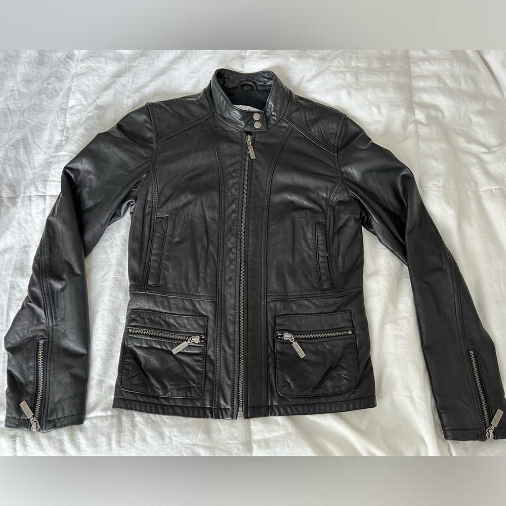Calvin Klein Fitted Leather Motorcycle Jacket